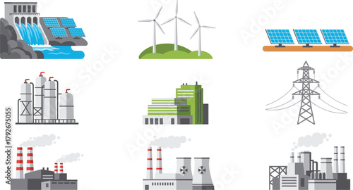Flat Vector Icon Set of Energy Production and Power Generation Facilities: Featuring Hydropower Dam, Solar Panels, Wind Turbines, Oil Refinery, Nuclear Plant, and Industrial Factories.