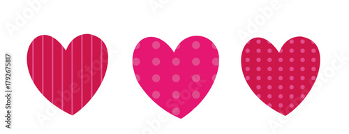 Hearts shapes with pink color texture set. 
polka dot, stripe pattern. 
For celebrating Valentine's Day, Mother's Day or wedding.
White background.