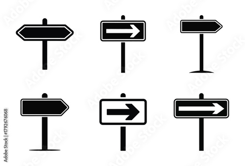 Collection of black silhouette arrow signpost direction icons