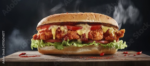 Large sandwich wooden cutting board is made toasted fresh grilled chicken