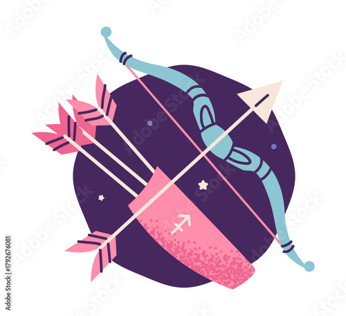 Colorful flat vector illustration of Sagittarius zodiac sign featuring a bow, arrow, and quiver with stars and night sky backdrop.