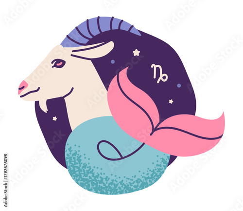Flat vector illustration of the Capricorn zodiac symbol featuring a stylized sea goat with curled tail and cosmic night background.