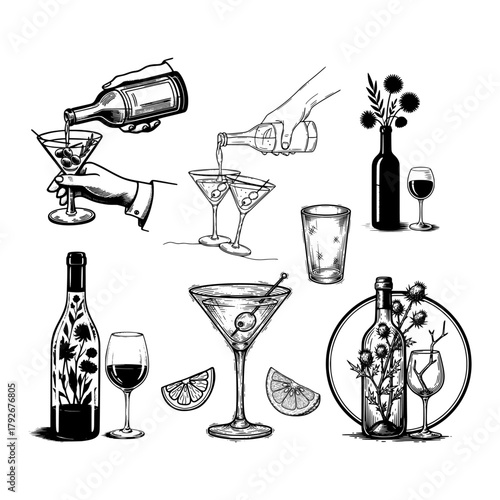 Hand-Drawn Cocktail and Wine Vector Set – Martini Glasses, Wine Bottles, and Bar Drink Illustrations