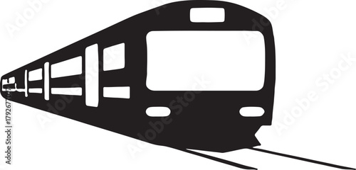 Simple black and white illustration of a speeding passenger train viewed from the front