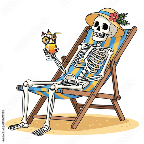 Humorous skeleton relaxing on a beach chair with a tropical drink and sun hat, embodying ultimate vacation vibes and relaxation.