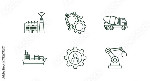 Modern industry icons showcasing factory, gears, truck, ship, person in gear, and robotic arm.