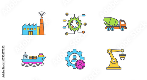 Modern industry and technology icons representing automation, manufacturing, and logistics.