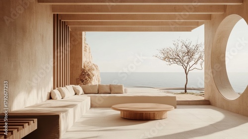 Modern living room beautiful view ocean has high Beach aesthetic villa house