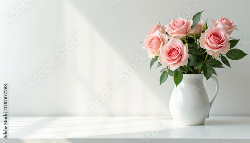 Soft pink roses in white pitcher sit on clean white surface. Sunlight casts diagonal shadows on plain background. This image is perfect for spring, summer themes, wedding, or beauty product displays.