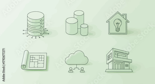 Collection of modern icons representing data, smart home, blueprints, cloud computing, and architecture.