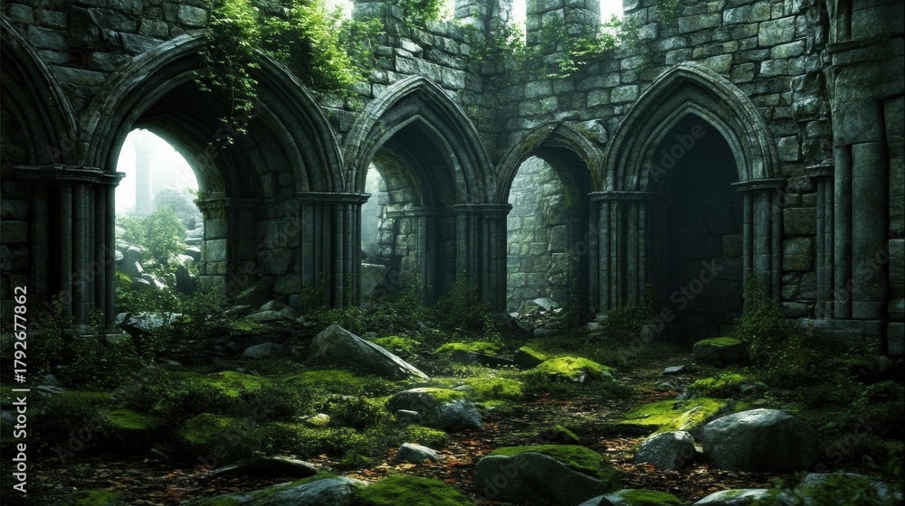 Fototapeta premium Old abandoned stone archway forest is made has green ruins