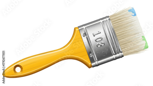 A yellowhandled paintbrush with a silver ferrule and light bristles