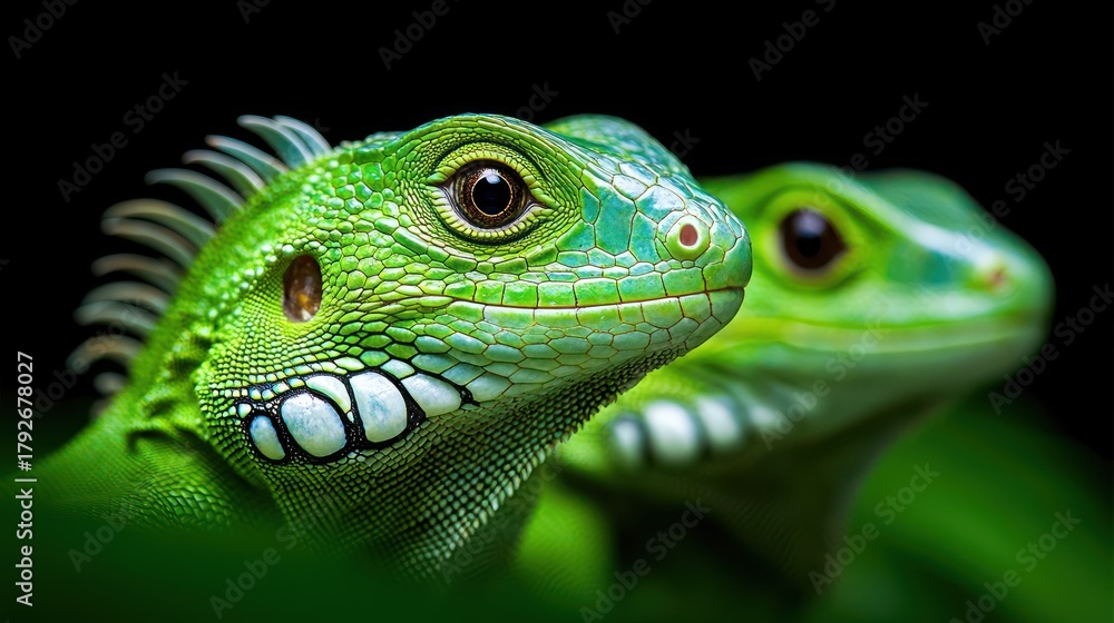 Fototapeta premium Close-up of two vibrant green iguanas