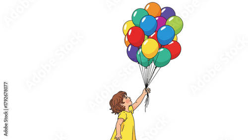 A young child in a yellow dress holds a bunch of colorful balloons