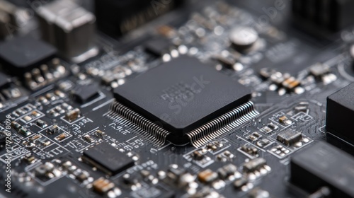 Close-up of a motherboard revealing intricate circuitry and a central processor