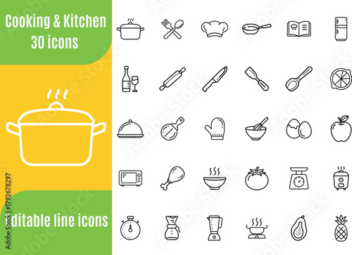 Collection of Cooking and Kitchen icons set, Editable stroke...
