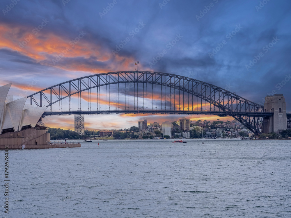 Naklejka premium 11 November 2025 View of Australian Sydney Harbour Bridge from Botanical Gardens on the harbour foreshore in Sydney NSW Australia