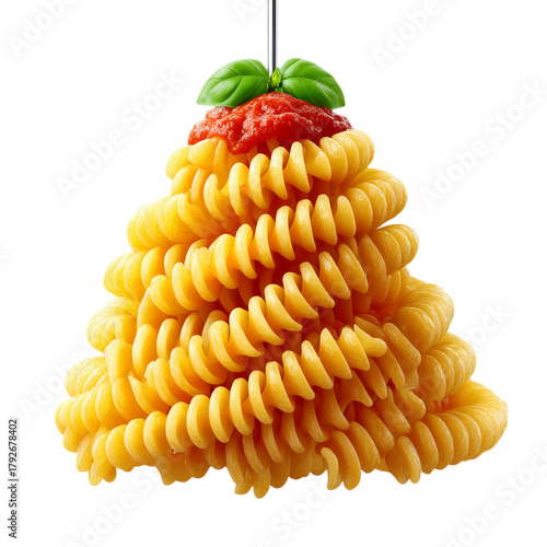 A vibrant stack of pasta topped with red sauce and a basil leaf.