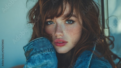 Intimate portrait of a young woman with freckles and denim jacket, expressive gaze