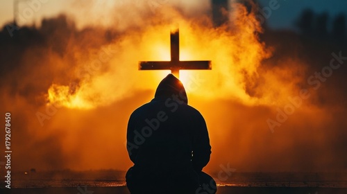 Wallpaper Mural Person kneeling front large cross sun setting behind Christian man praying Torontodigital.ca