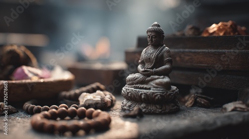 Serene Buddha Statue with Prayer Beads Symbolizing Inner Peace and Mindfulness