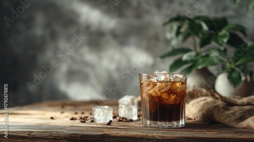 Refreshing iced coffee with ice cubes served on rustic wooden table