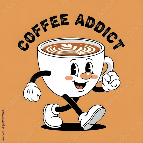Retro cartoon coffee cup character with coffee addict text