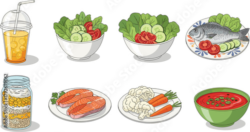 Healthy food variety, fresh vegetables, cooked fish, raw salmon, tomato soup, salad bowl, overnight oats, nutritious meal, clean eating, wellness