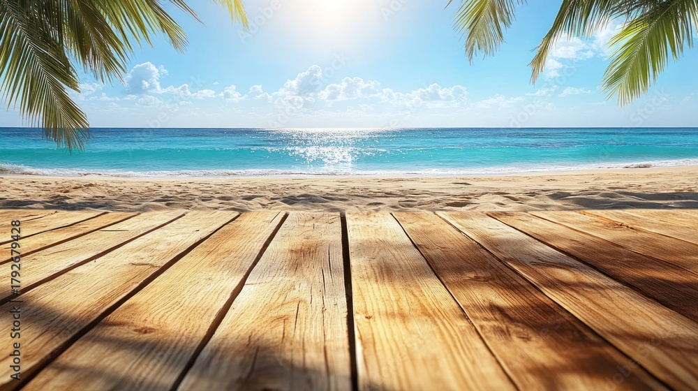 Fototapeta premium Tropical beach scene with wooden deck