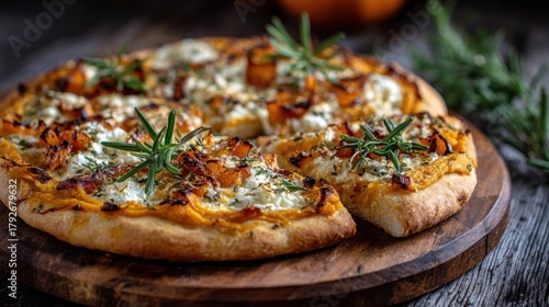 Pizza with Butternut Squash Sauce. Gourmet pumpkin and goat cheese pizza with fresh rosemary garnish on rustic wooden table