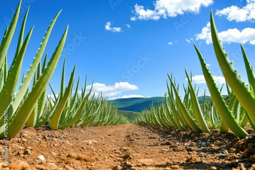 Row aloe vera plants growing field are tall plantation