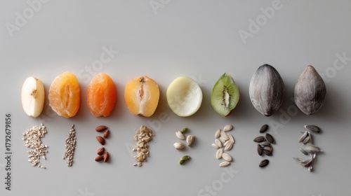 Fototapeta Naklejka Na Ścianę i Meble -  Variety of fruits with seeds and nuts on neutral background