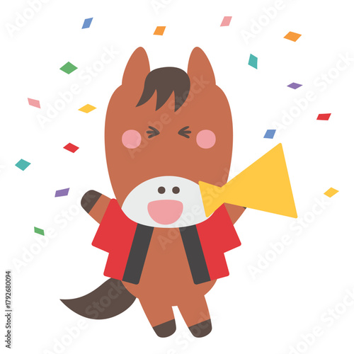 紙吹雪の中メガホンを持つ法被姿のかわいい馬のキャラクターイラスト素材