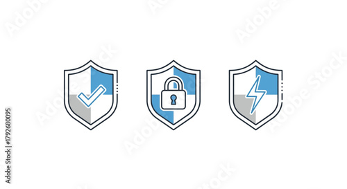 Set of three security icons shield with checkmark, shield with padlock, and shield with lightning bolt on white background, symbolizing protection, security, and speed