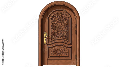 Arched wooden door with intricate carvings and brass hardware