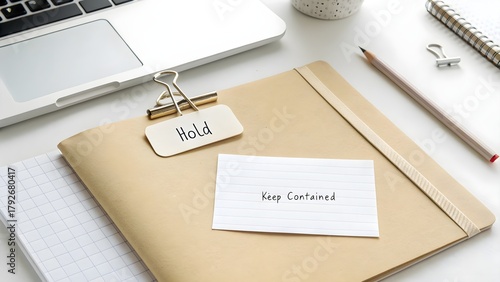 Minimal desk with paper clip holding a note labeled Hold
