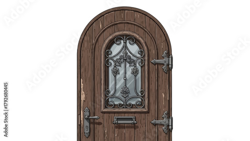 Arched wooden door with ornate metal window and hardware