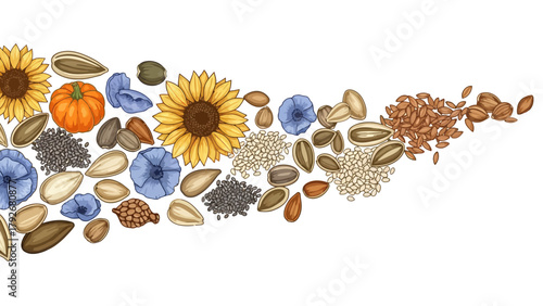 Assorted seeds and flowers arranged in a wavy line