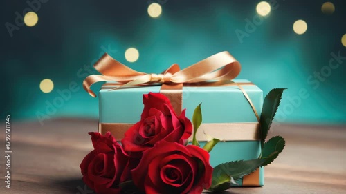 A blue box with a gold ribbon and three red roses on top of it. The box is placed on a wooden surface