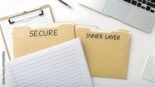 Flat lay of secure folders and paperwork on a desk