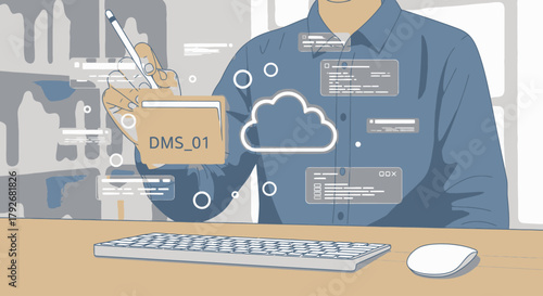 Man uploading documents to cloud storage