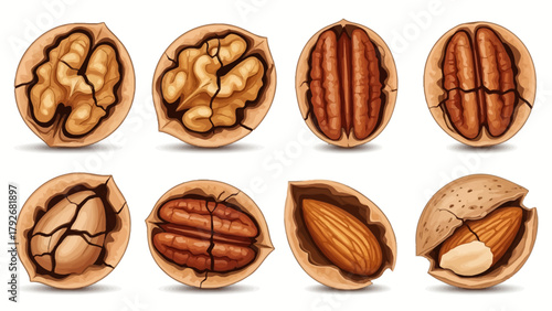 Assorted cracked nuts and kernels displayed on a white background