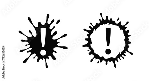Two black sketch like exclamation point symbols with splash and circular effects