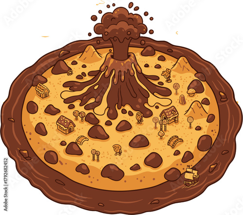 Whimsical Chocolate Volcano Erupting on a Cookie Island Landscape