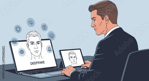 Man creating deepfake video on laptop