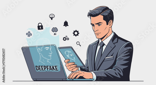 Man creating a deepfake on his laptop