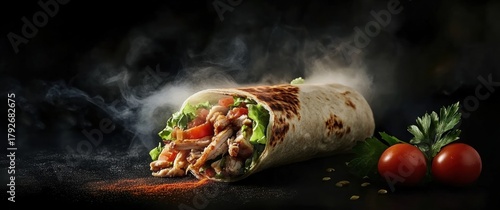Wrap variety ingredients black background is made tortilla fresh grilled beef turkish
