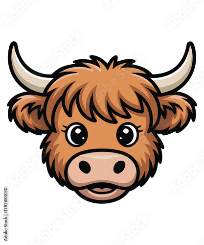 Cute cartoon highland cow head illustration with horns