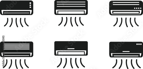 Air conditioner icon set, wall-mounted units, cooling airflow design, black and white vector, HVAC system, temperature control, appliance illustration