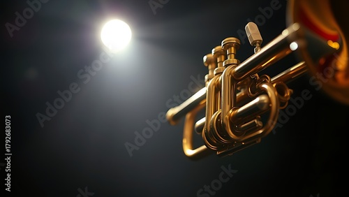 trumpet. Gleaming brass trumpet under a solo spotlight on a dark stage, polished metal surface. event programs, museum guides, designed for cultural heritage projects and event programs.